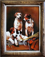 Chien - Peinture À L'Huile Peint à la Main Cadre Signé 47x37cm Déco Image Art