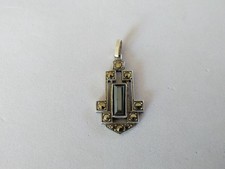 ANCIEN PENDENTIF ART DÉCO ARGENT MASSIF HÉMATITE MARCASITES 1930