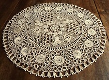 Grand napperon rond ancien fait main lin écru guipure point d'Irlande/ 57,5 cm