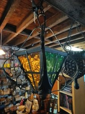 Plafonnier lanterne française vintage verre coloré 