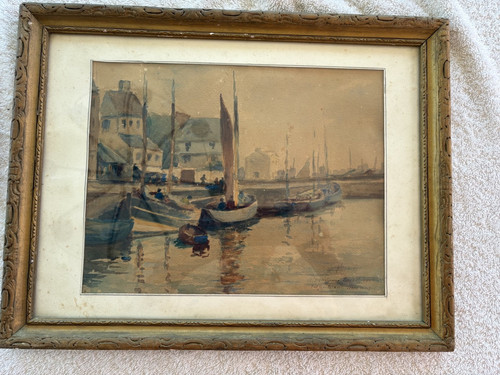 Aquarelle ancienne port - aquarelle, de
