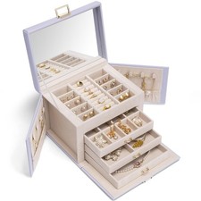 Boîte à bijoux à 4 niveaux - En cuir synthétique - Avec miroir et tiroirs - O...