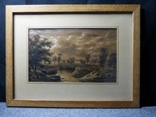 Tableau dessin ancien école française 19 siècle XIX bord de rivière