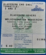 Blackburn Rovers V Wolverhampton Wanderers, 14 avril 1992, billet de match.