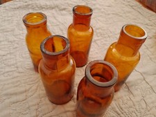 lot 5 anciens flacons  pharmacie cylindrique sans bouchon verre ambré 90 ml 
