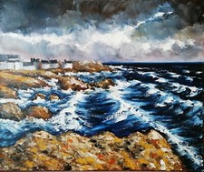 Grande toile de Nolac 55X46 cm tableau Tempête sur la côte du Pouliguen