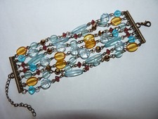 Bracelet Manchette métal Or Vieilli 7 Rangées de Perles Bleu Ciel Jaune Ocre Rge