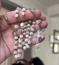Antique French Mother Of Pearl Rosary Prayer Beads sterling silver  Medals 16”