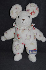 ?Doudou Souris AJENA  Eponge Blanc Tissus Légumes Peluche 30 Cm Hochet Vintage