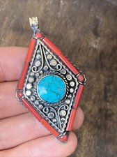 Ancien Pendentif Créateur Métal Argenté Ethnique Berbere Pierre Corail Turquoise
