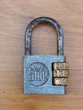  Rare Ancien petit cadenas STOP à code par chiffres 3 rouleaux en laiton PADLOCK
