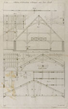 1805ca - Gravure Charpenterie : Constructions d'hangars, plan ancien. Krafft