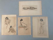 Lot Beau 4 Dessins Aquarelle Atelier Femme Nu Nue Dessin 1930 Art Deco Ancien