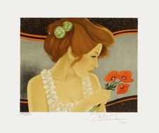Yves GANNE - Lithographie signée numérotée crayon Femme au coquelicot 1980
