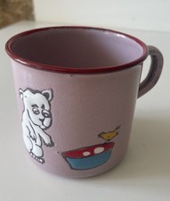 Assiette Tasse enfantine Email tole émaillée Rose  Chien Et Oiseau Canari Déco