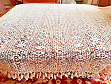 Dessus de lit ancien en filet de coton crocheté - 220 cm x 190 cm