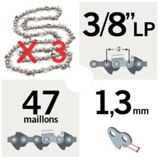 3 Chaines SECURA pour Tronçonneuse ECHO 3/8LP 47 Entraineurs 1.3 mm