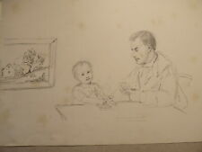 Ecole FRANCAISE XIX DESSIN SCENE INTERIEUR PORTRAIT HOMME ENFANT JEU CARTES 1860