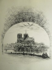 Jean FRÉLAUT (1879-1954) RARE GRAVURE ORIGINALE NOTRE DAME PONT SEINE PARIS 1947