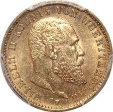 AA976 Germany Württemberg 20 Mark Wilhelm II 1897 F Stuttgart Or Gold PCGS MS62