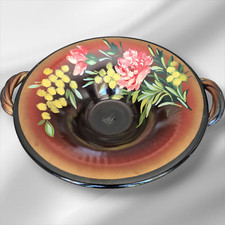 Vallauris Plate Bowl With Tressed Handles,Hand painted flowers ceramic,1960 RARE