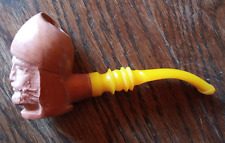 ancienne pipe fourneau en terre cuite - conduit Bakélite Jaune Tête de Zouave (?