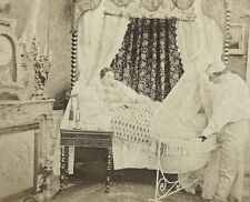 Chambre à coucher Couple Couffin bébé c1860 Photo Stereo Vintage Albumine 