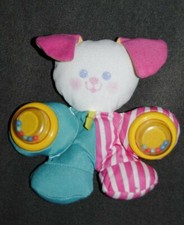 🍀Doudou Chien Vert Rose FISHER PRICE 1994 Blanc Hochet Grelot Vintage Peluche