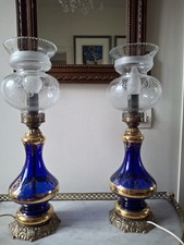 PAIRE DE LAMPES A PETROLE montées a l'électricité. H 43 cm