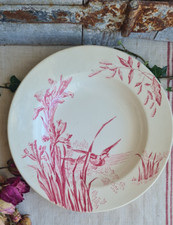 ANCIENNE ASSIETTE TERRE DE FER VIEUX ROSE DECOR oiseaux