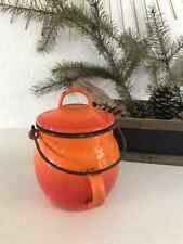 6⚜️ Ancien Pot Chaudron Cocotte Marmite en Tôle Émaillés Orange Vintage