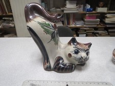 CA492 FAIENCE CERAMIQUE CHAT PEINT ET EMAILLEE SIGNE MEXI TONAK DSO SERRE-LIVRES