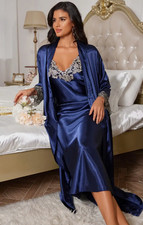 Ensemble Déshabillé+Chemise de Nuit  Ensemble Satin bleu nuit dentelle T38/40