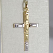 Pendentif Croix or Jaune Blanc 750 18K, Rectangles, Finition Satinée