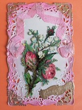 CP Gaufrée DENTELLE CHROMO AJOUTI ROSES MUGUET Ruban de Soie Bonne Année