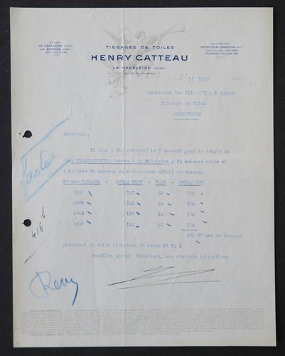 Facture 1933 tissage toile - facture, de