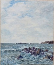 Tableau Ancien Huile Toile Bord De Mer Rochers  Vagues Impressionniste Signé