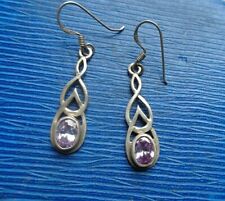 Attrayant Vintage Argent Sterling & Améthyste Goutte Celtique Boucles 925 -