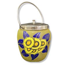 Pot à biscuits en verre givré et émaillé signé FANUS, vers 1920-1930 (H : 15 cm)