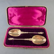 Angleterre Paire De Cuillères De Service à Entremet En Argent Vermeillé Pb 89g