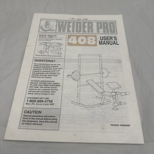 Weider pro 408 user - pro, manual