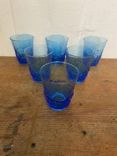 Série De 6 Verres À Jus Verre Moulé Bleu Décor Feuilles Vintage #C779