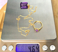 Or 18 Carats-Lot Bague T 48 +Collier Pendentif Améthyste Chaîne-Or Jaune 18K 750