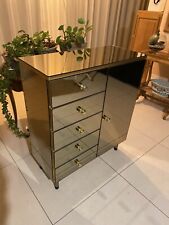 Petite Commode meuble chiffonnier en verre fumé miroir vintage années 60 70.