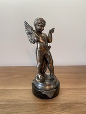 Ancienne Mascotte Automobile En Bronze Nickelé Cupidon Signée Frecourt Art Deco