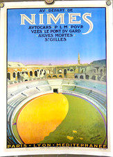 AFFICHE ORIGINALE 1926 pour Le PLM Les ARENEES de NIMES par Leo LELEE.  TBE 