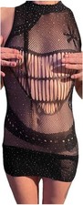 Robe Nuisette Strass Tunique Transparent Sexy Noir Résille Dress S/M Chic Luxe