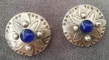 BOUCLES D'OREILLE métal Argenté cabochon verre bleu Vintage Années 90