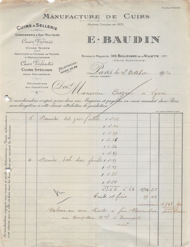 Facture 1930 cuirs e baudin - facture,