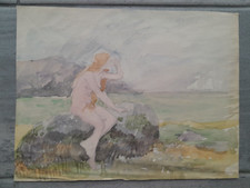 Peinture ancienne école française symboliste femme nue rocher mer nabis